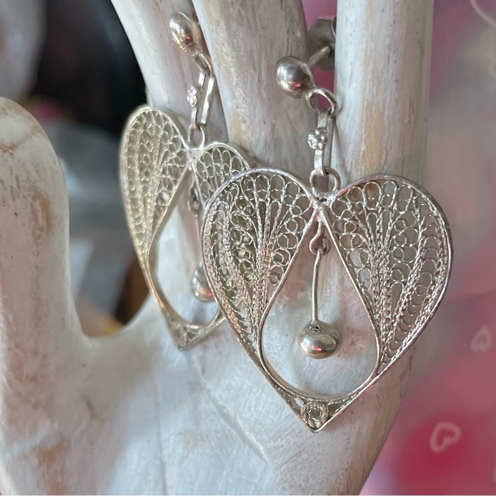 Vintage Sterling Silver Filigree Heart Drop Earrings